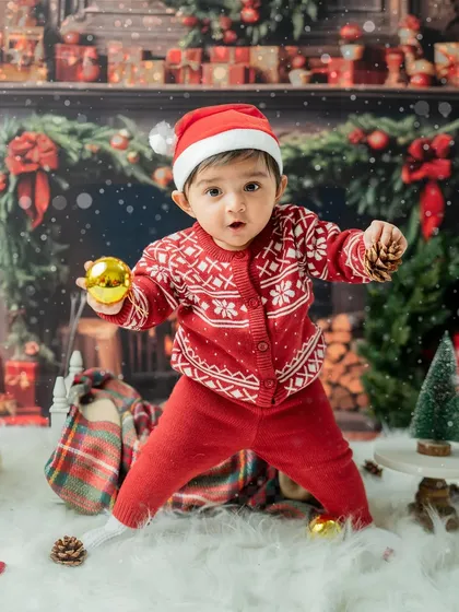A strong standing pose, showing off his balance and confidence while holding his festive treasures.