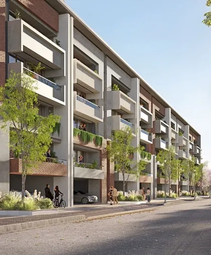 A closer perspective on the Gulnaar Lifestyle facade, highlighting the expansive balconies and ground-level parking integrated into the design.