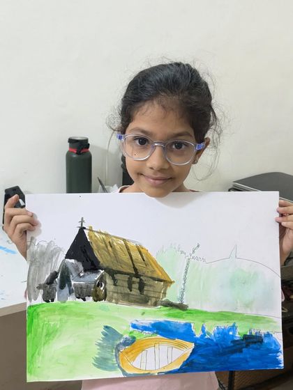 A charming landscape painting by one of our students. The use of watercolors brings this rustic hut scene to life.