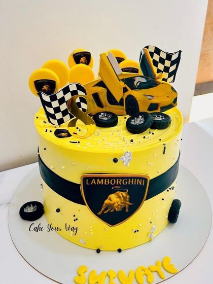 Revving up the birthday vibes with this yellow Lamborghini cake for an 8th birthday.