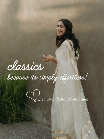 A bride in a classic, effortless white saree for her Haldi. This look embodies the simple elegance of an 'Indian nari in a sari', a style that is both timeless and beautiful.