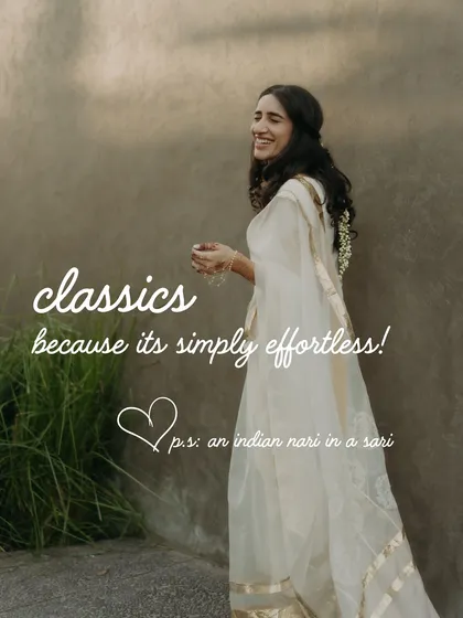 A bride in a classic, effortless white saree for her Haldi. This look embodies the simple elegance of an 'Indian nari in a sari', a style that is both timeless and beautiful.