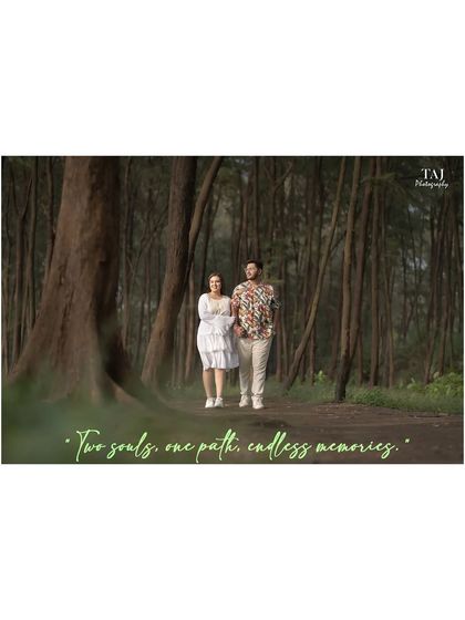 "Two souls, one path." This photo captures the couple walking through a wooded area near the beach, symbolizing their journey together. The natural setting adds a serene and timeless feel.