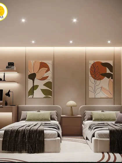 A front view of the twin beds, showcasing the beautiful artwork and the serene, balanced design.