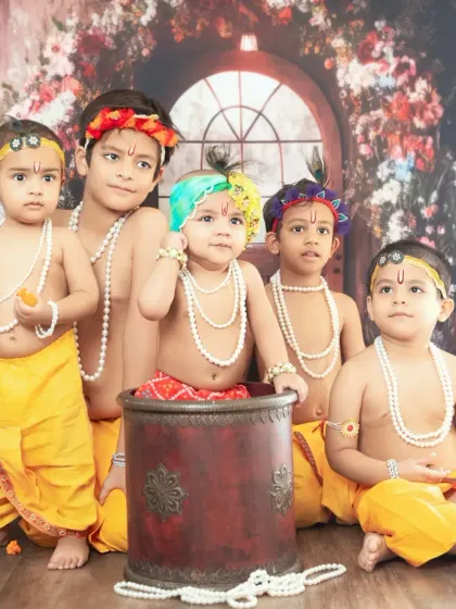 A fun group of 'little Krishnas'. Our Janmashtami sessions are perfect for capturing cousins or siblings together in a festive and memorable way.