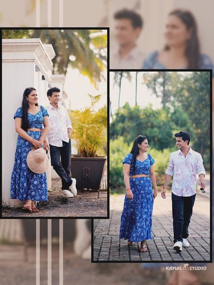 A collage of sweet, candid moments walking through a Goan villa, showcasing a relaxed and intimate side of the pre-wedding shoot.