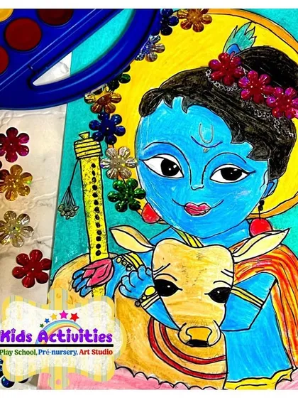 A beautiful depiction of Lord Krishna created with oil pastels. Our classes often incorporate cultural and festive themes, allowing children to connect with their heritage while practicing advanced coloring and blending techniques.