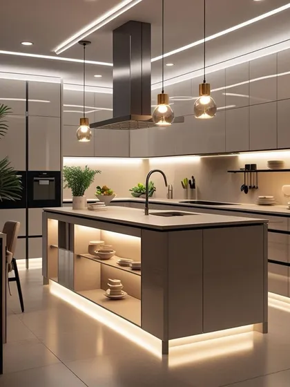 This kitchen design showcases how I use lighting to create both ambiance and function. The illuminated island with open shelving provides display space and a warm glow, making the kitchen a central gathering spot for the home.