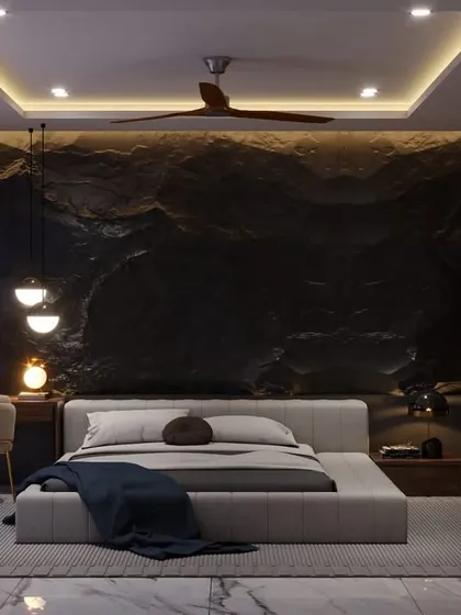 A full view of the 3D render for the dark and textured bedroom. The design balances the dramatic accent wall with a simple, low-profile bed and warm lighting to create a comfortable yet impressive space.