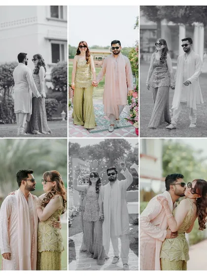 A dynamic collage of six photos, mixing color and black and white images. It captures the couple's playful and romantic interactions, from walking hand-in-hand to sharing a sweet kiss.