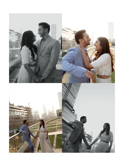 A four-panel collage blending color and black and white portraits. This collection from a Mumbai shoot captures different angles and interactions, telling a multi-faceted story.