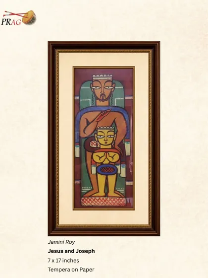 A rare piece by the master Jamini Roy, 'Jesus and Joseph', rendered in his iconic folk style with bold lines and earthy colors.