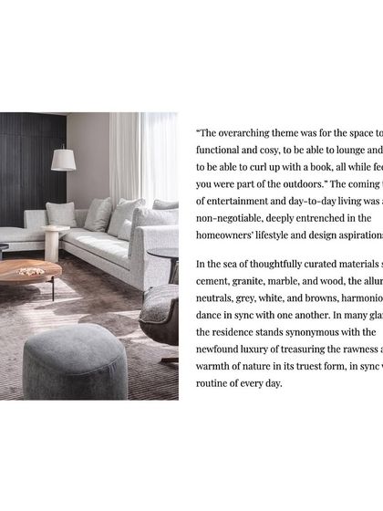 A quote from our feature in Elle Decor, explaining our design intent for House 111 was to create a functional and cozy space that felt connected to the outdoors.
