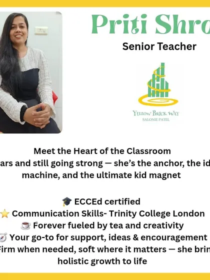 Meet our Senior Teacher, Priti Shroff. As the heart of the classroom for over 7 years, she is an idea machine and the ultimate kid magnet, bringing holistic growth to life with a firm but gentle approach.