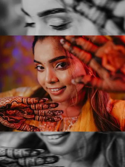 A creative and artistic portrait of the bride, with a mix of color and black and white, highlighting her expressive eyes and beautiful mehndi.