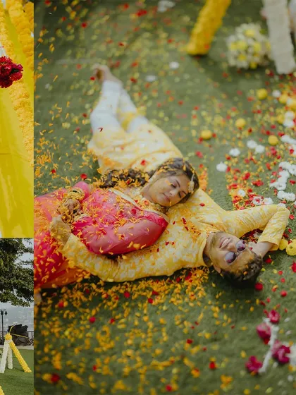 A collage featuring a romantic aerial shot of the couple lying amidst petals, combined with details of the Haldi decor.