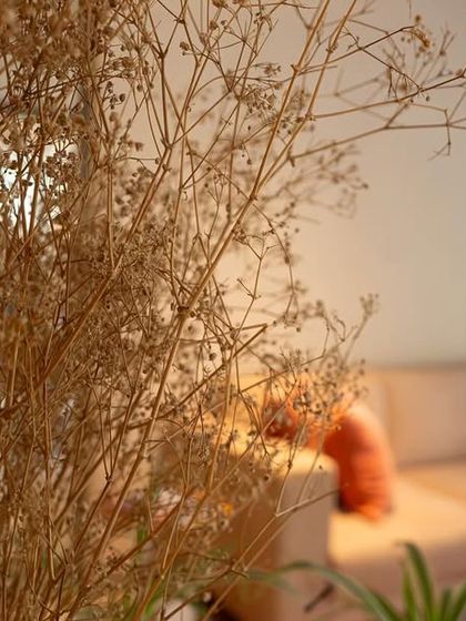 A detail shot from the tranquil office space, focusing on the use of natural and dried botanicals to enhance the calm atmosphere. The soft, out-of-focus background shows a comfortable sofa, illustrating how we blend decorative elements with functional furniture.
