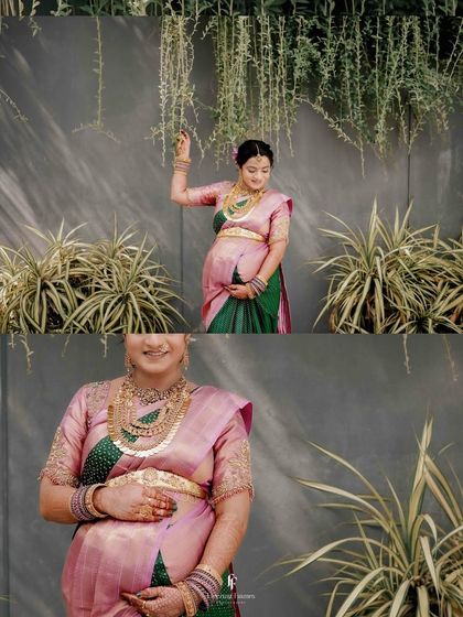 A creative collage of the mother-to-be in her pink and green Seemantham saree. The composition highlights both her joyful pose and a detailed close-up of her beautiful attire.