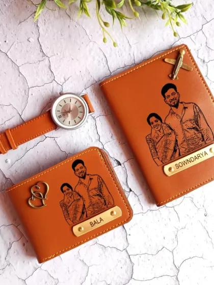 A perfect gift for your favorite couple. This matching set features a vegan leather wallet and passport holder, both engraved with a custom sketch made from their photo. It's a unique way to capture a special memory.