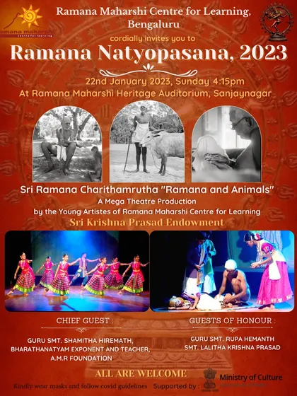 Our annual "Ramana Natyopasana" is a grand theatre production where young artistes showcase their learning. This performance, "Ramana and Animals," highlights Bhagavan's compassion for all beings, a core value we instill through our cultural education.