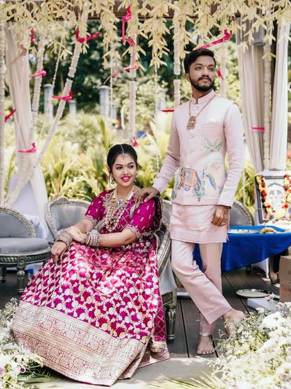 A classic portrait of the couple at their outdoor engagement ceremony.