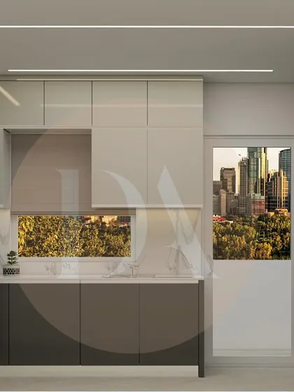 Another angle of the kitchen render, showing the view from the window and the ample counter space. The design ensures the kitchen is bright and airy, with plenty of room for meal prep.