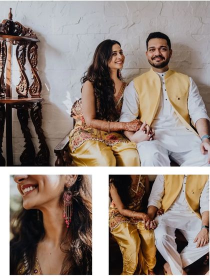 A collage of sweet moments from Shaurya and Deeksha's Haldi, capturing their smiles and traditional outfits.
