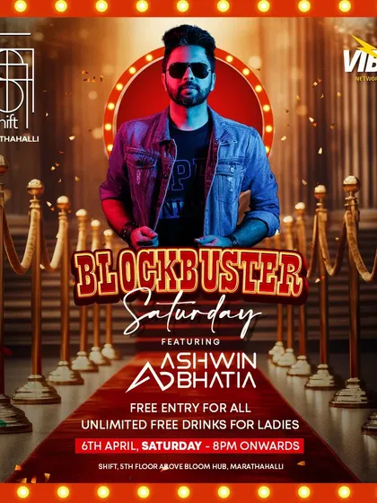 A Blockbuster Saturday at the brand new Shift Rooftop in Marathahalli. A poster for an electrifying night of Bollywood and Punjabi music.