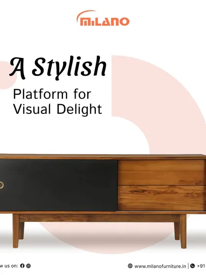 This wooden sideboard with a contrasting black sliding door is a stylish platform for visual delight. It's a functional piece for storage in a dining or living area.
