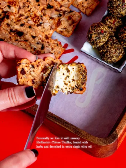 We personally love our crisps with savoury Chèvre Truffles, loaded with herbs and extra virgin olive oil.