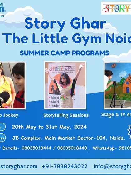 We are excited to collaborate with Story Ghar for specialized summer programs at our Noida center. This flyer details unique workshops like Radio Jockey, Storytelling Sessions, and Stage & TV Anchoring for children aged 7 to 11.