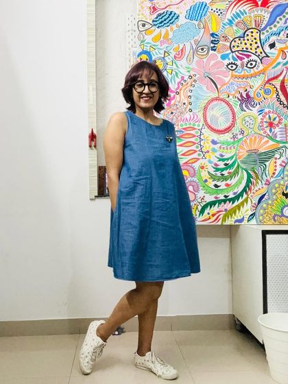 A fun Sunday afternoon look in a simple blue racerback dress, standing next to my large canvas.