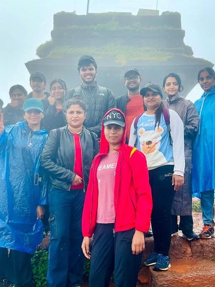 A group photo at the top of Kavaledurga Fort, another stop on our Kodachadri exploration.