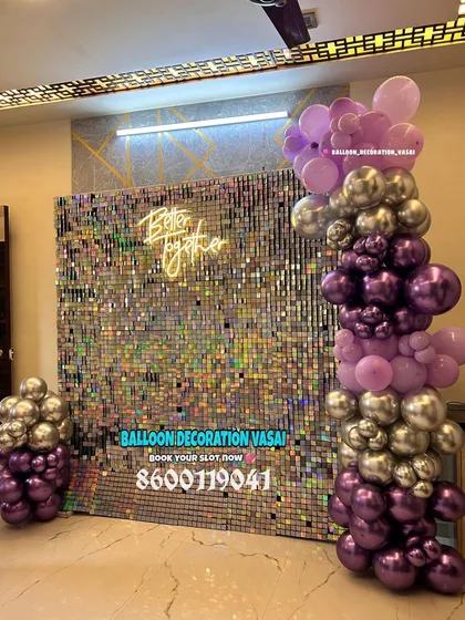 For a touch of modern glamour, we offer shimmer wall backdrops. Paired with a neon sign and a custom balloon garland, it creates a dazzling effect for your engagement party.