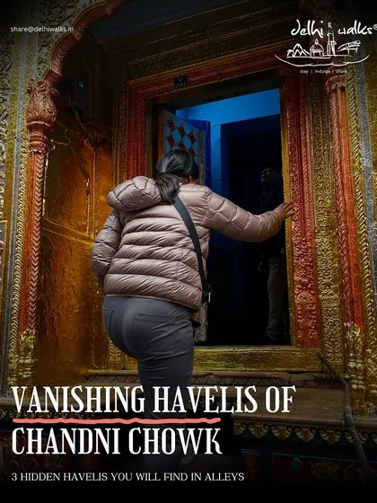 A participant on one of my walks peers into a historic haveli in Chandni Chowk. These walks inspired the book, offering a glimpse into the lives lived within these walls.