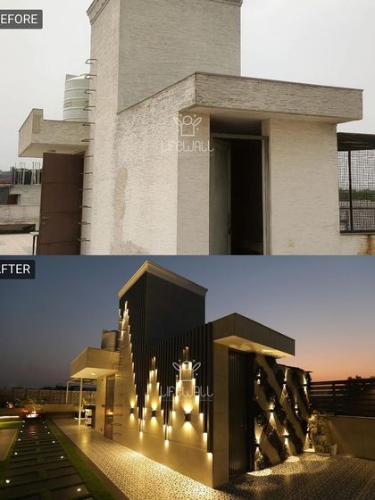 This rooftop utility structure was an eyesore. We gave it a dramatic facelift with modern cladding and a sculptural lighting installation that turns it into a piece of art at night.