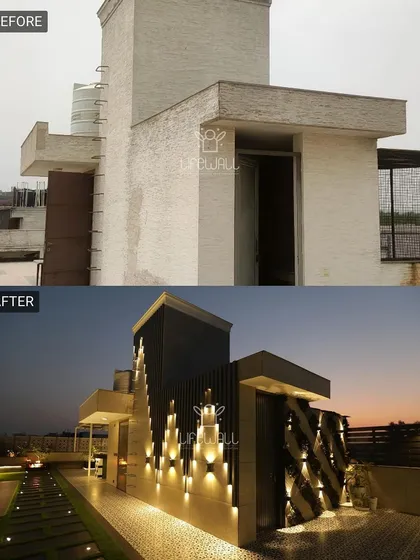 This rooftop utility structure was an eyesore. We gave it a dramatic facelift with modern cladding and a sculptural lighting installation that turns it into a piece of art at night.