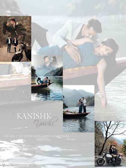 A creative collage blending various scenes from a pre-wedding shoot, including boat and bike moments, to tell a complete story.