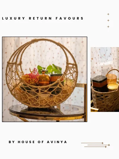 This unique macrame jute basket is a beautiful and reusable return favour. We fill it with items like scented candles and gourmet treats for a rustic yet elegant gift.