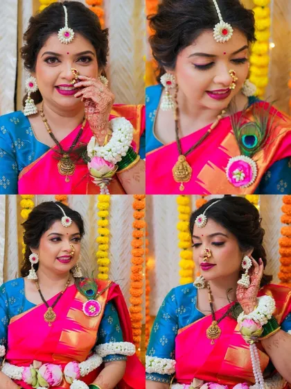 A set of close-up portraits of the mother-to-be, capturing her beautiful makeup, traditional jewellery, and happy expressions.