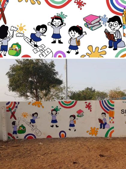 A mural depicting children playing and learning, painted on a school's boundary wall to create a cheerful environment.