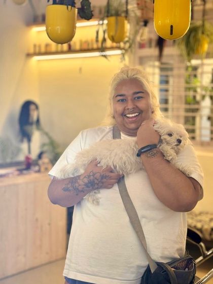 Another shot of this beautiful client and her adorable dog. We love your hair and your fur babies equally at Mad O Wot.