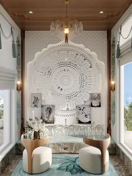 This mandir is a serene sanctuary bathed in light, placed in a prime corner of the home. A traditional white jali mandala serves as the focal point, creating a space that feels both elegant and deeply spiritual.