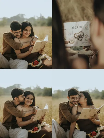 A collage of sweet moments from a picnic-style pre-wedding shoot. Looking through a scrapbook of their memories, they create new ones together.