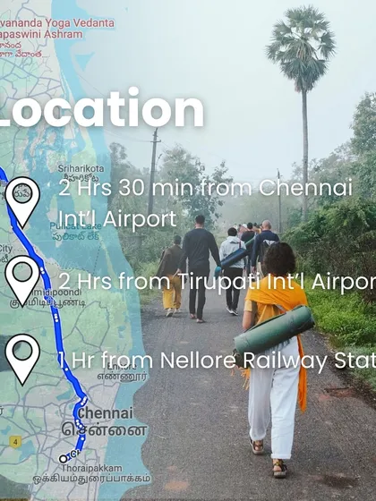 Your journey to our Tapaswini Ashram in Gudur is straightforward. This map shows our accessible location, just a couple of hours from major airports like Chennai and Tirupati. The path to the ashram is the beginning of your immersive experience in a traditional yogic lifestyle.
