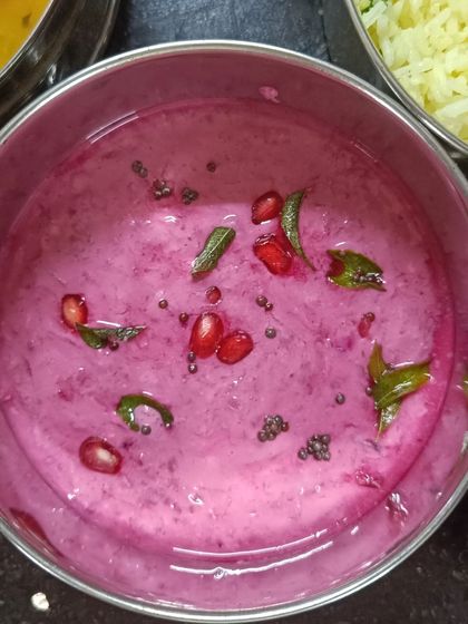 Another look at the vibrant beetroot raita, a customer favorite for its refreshing taste and beautiful color.