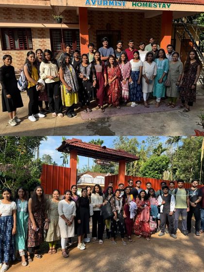 A group photo at the Ayurmist Homestay, our accommodation for the Kudremukh trek.