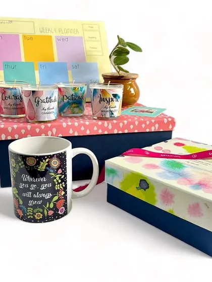 This gift set for Women's Day is all about growth and inspiration. It includes a mug, a weekly planner, and a set of our virtue-themed candles.