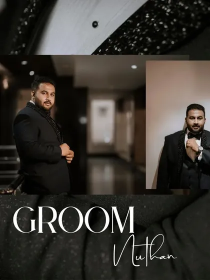 A collage of the groom, Nuthan, looking sharp in his tuxedo. These portraits capture his confident style and the classic details of his reception look.