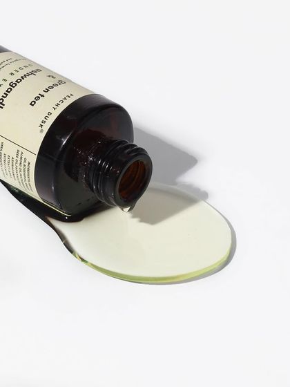 A product shot showing the pure, rich texture of my Green Tea and Ashwagandha Under Eye Oil. It's designed to be gently massaged into the delicate under-eye area for deep nourishment.